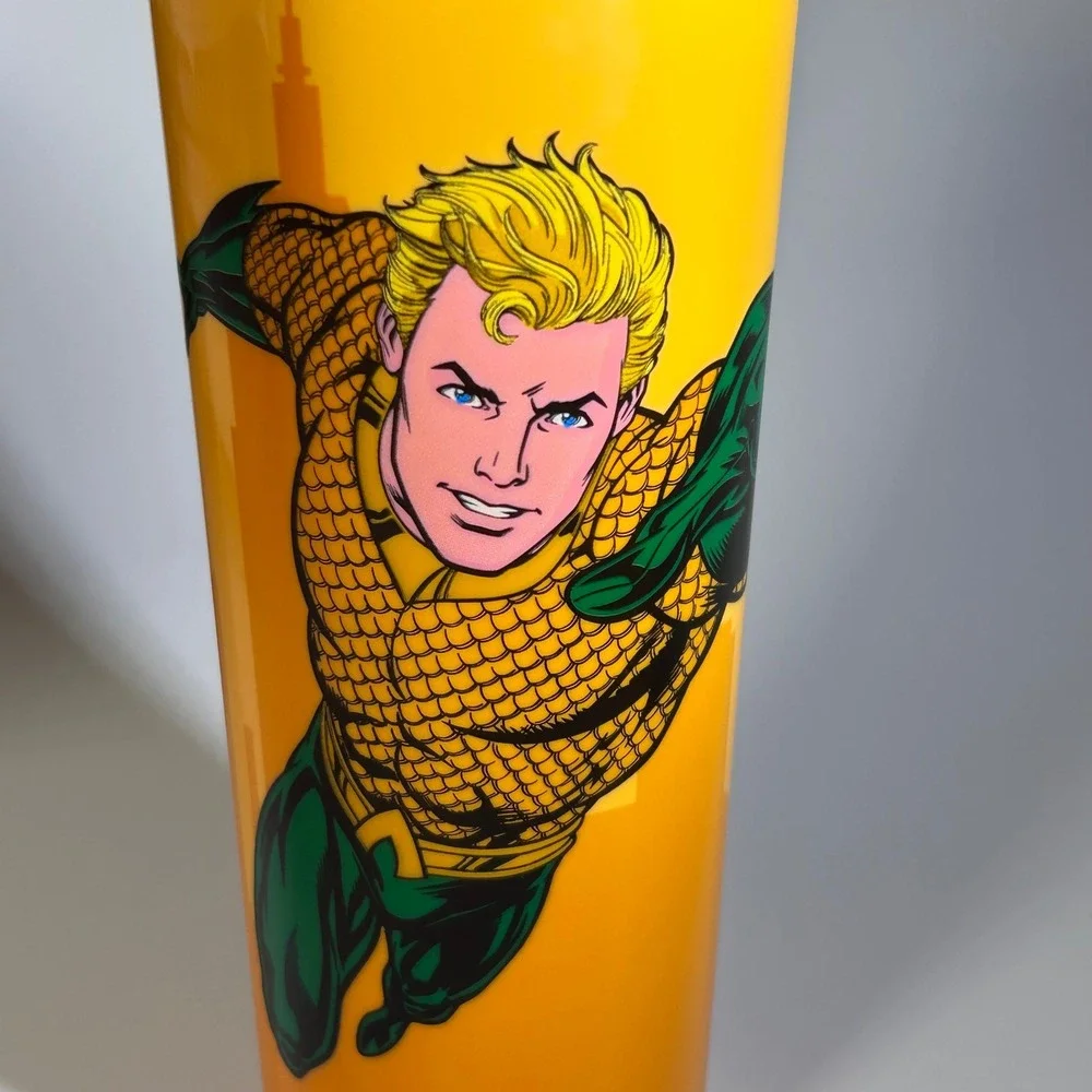 Tupperware Aquaman Snack Cup & Tumbler 16oz Yellow Green Flip Top Lid Kids Adult
